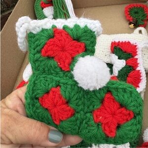 Vintage Christmas stocking, bells, ornaments crochet